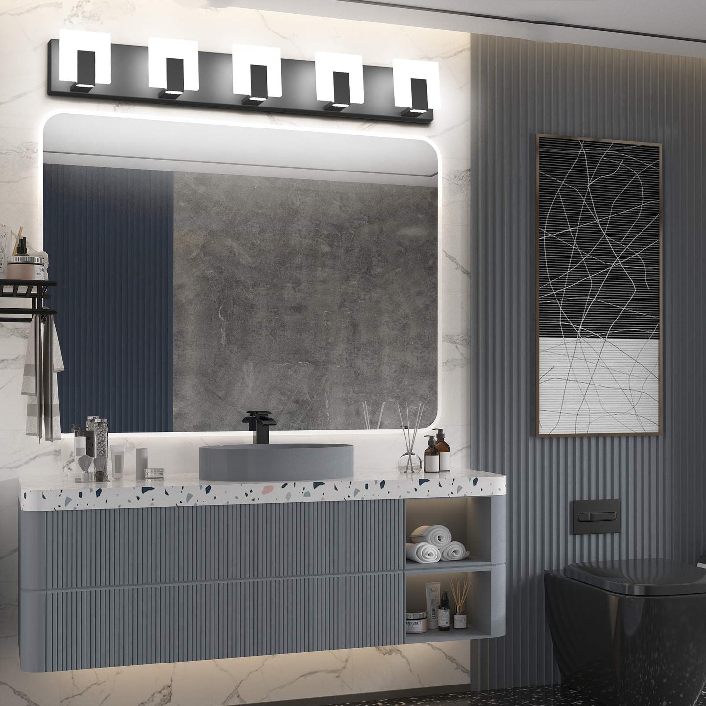 Aipsun Modern Black Vanity Light - 5 Lights, Aluminum, Led, 6000K, Bathroom Wall Fixture Over Mirror