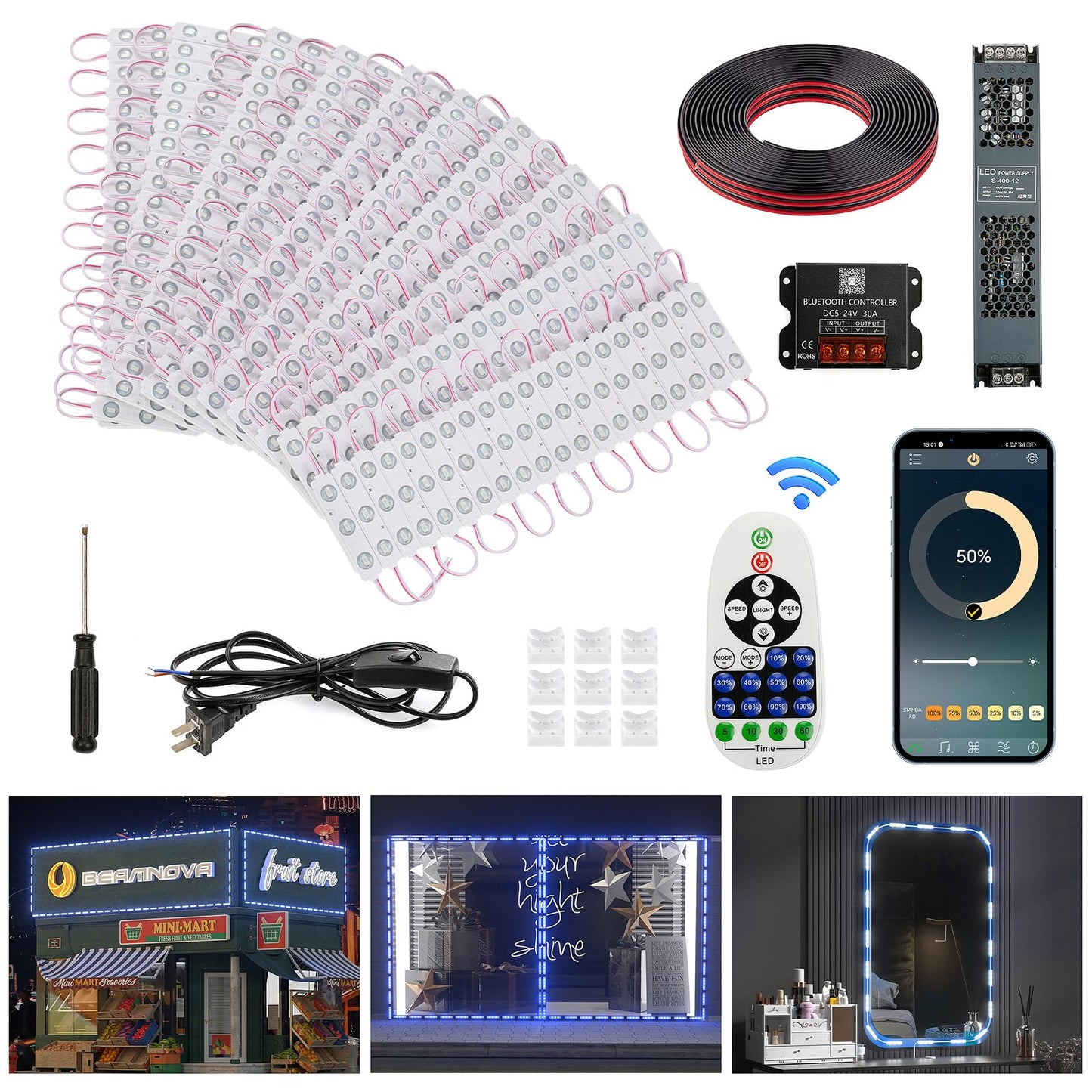 BEAMNOVA 100Ft Blue Storefront Lights Kit, Remote/Bluetooth Control, Dimmable, AC 120V to DC 12V, Model BI00LTK6982-0
