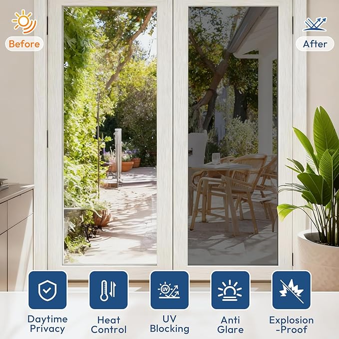 rabbitgoo Window Tint for Home One Way Privacy Window Film See Out Not In Heat UV Blocking Reflective Removable Static Cling Mirror Decorative House Glass Covering, Black Silver, 17.5 Inch X 13.1 Feet