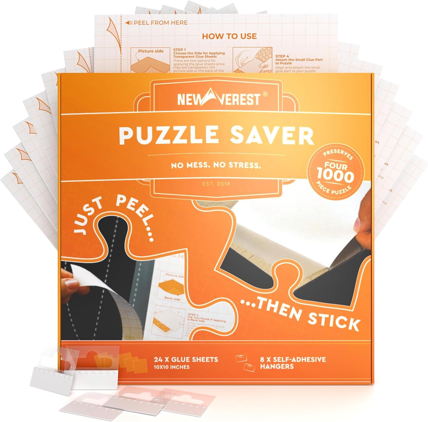 Newverest 24-Pack Puzzle Glue Sheets 10×10″ – Preserve & Display 4 × 1000-Piece Jigsaw Puzzles – Peel & Stick Puzzle Saver with 8 Adhesive Hangers – No Glue, No Mess, Ships Flat, Gift-Ready Box