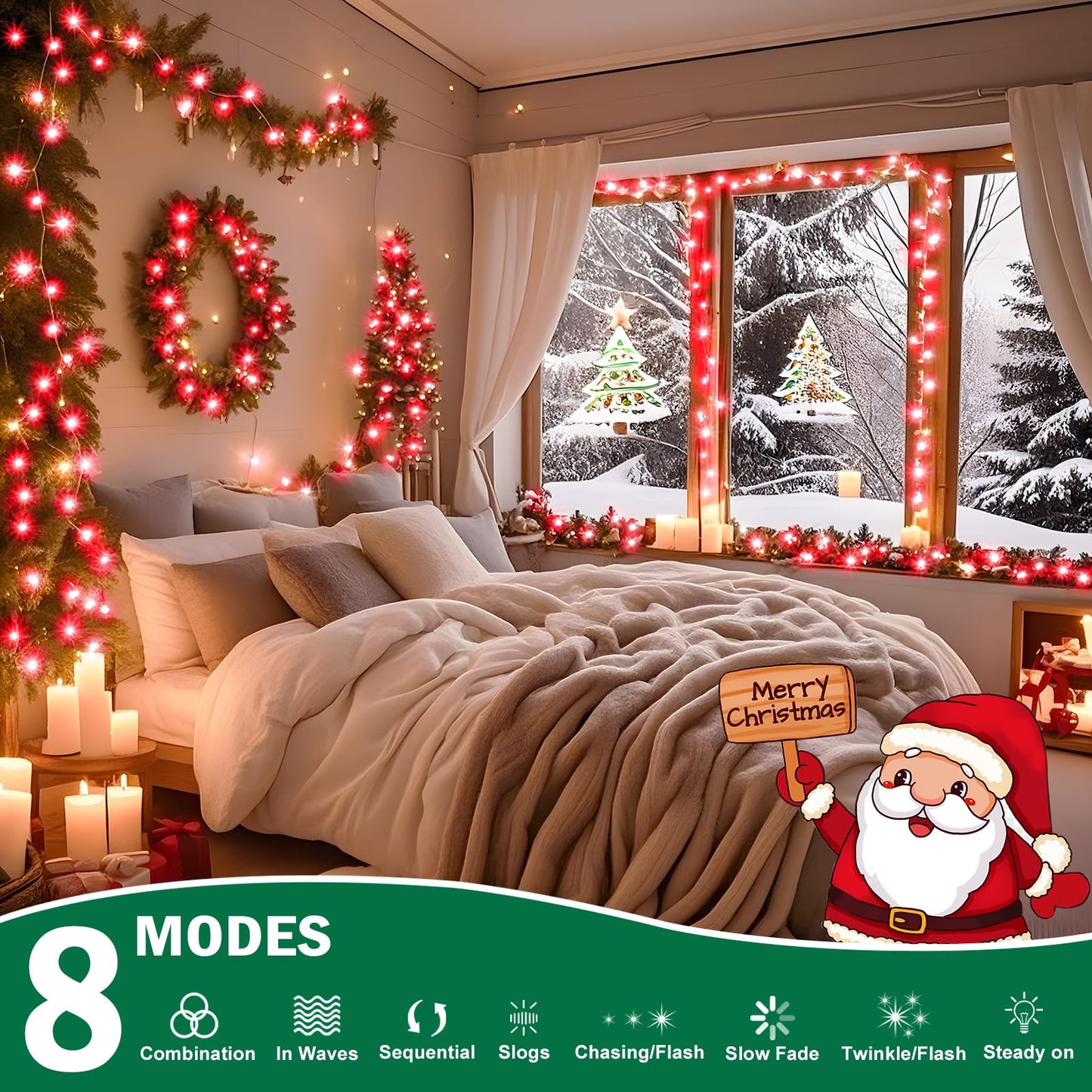 Sauirs 197Ft 500 Led Christmas Lights Outdoor String Lights With 8 Modes Timer Waterproof Fairy Light Plug In For Outside Indoor Party Xmas Palm Tree Yard Wedding Decorations(Red)