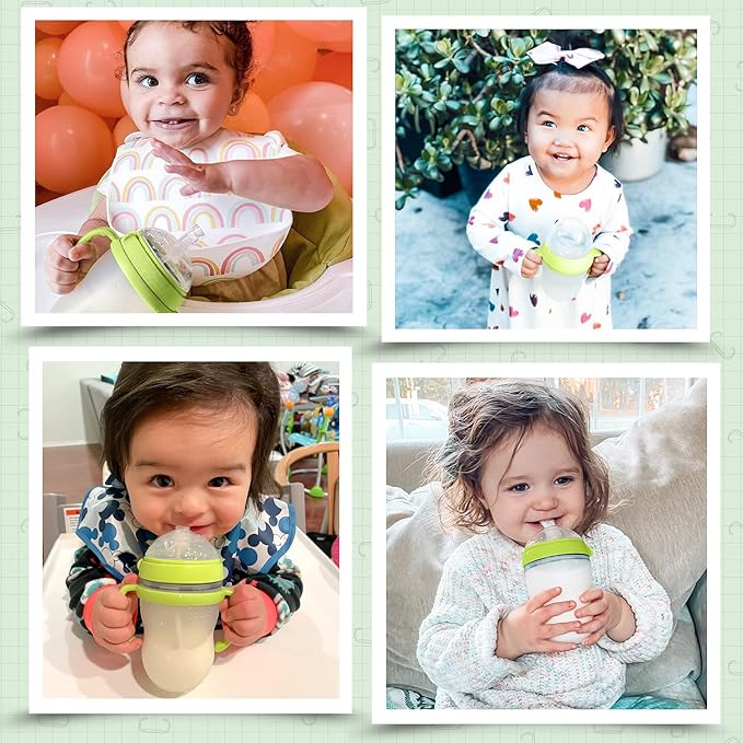Straw Transition Cup Kit for Comotomo Baby Bottles | Conversion Kit Fits 5 and 8 Ounce Bottles | Soft, Silicone Straw Top Bottle Nipple & Weighted Straw to Help Baby | 2 Pack (Green) + Brushes