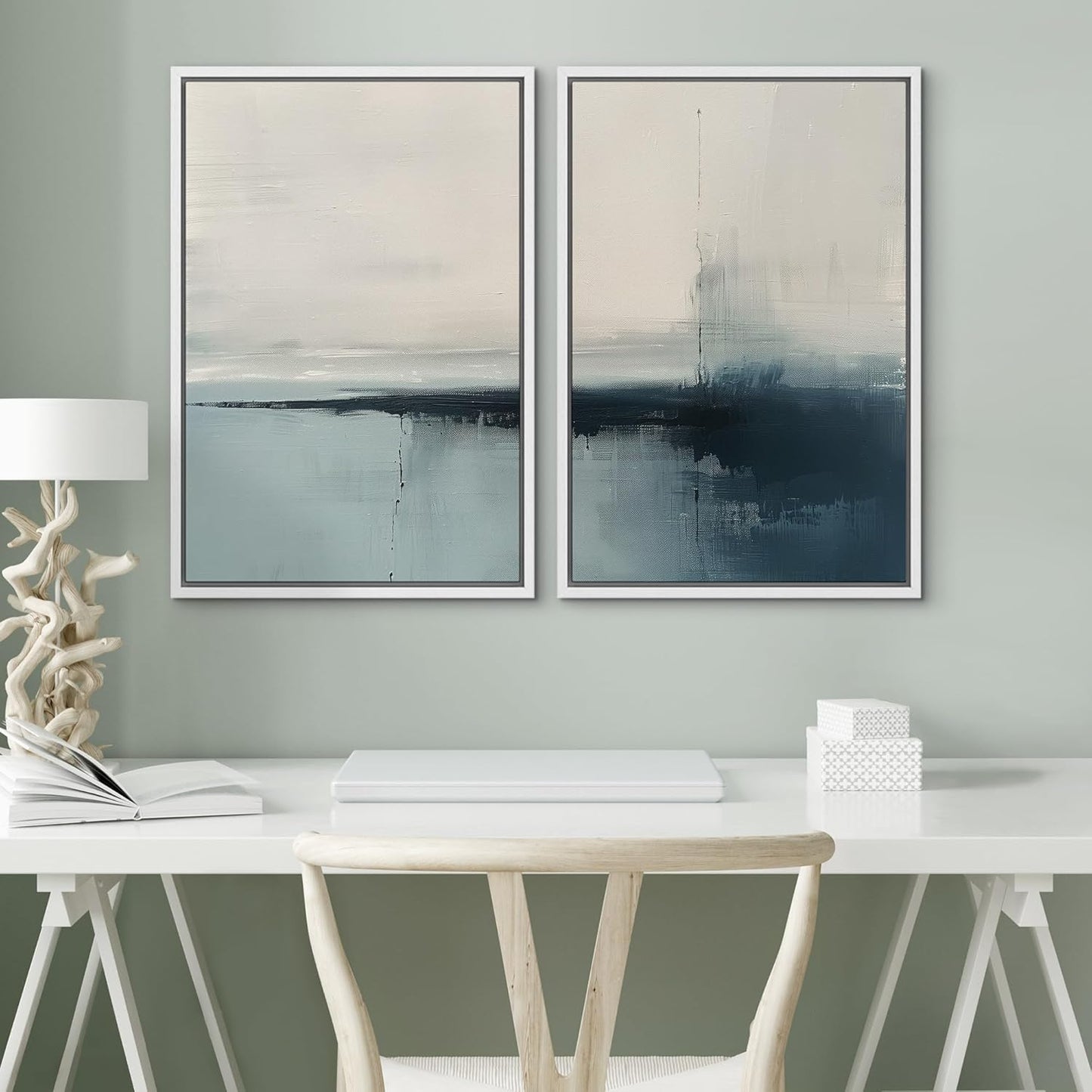 SIGNWIN Framed Canvas Print Wall Art Modern Blue Ocean-Inspired Coastal Abstract Serene Neutral Tones with Subtle Patterns Illustrations Decorative for Living Room, Bedroom, Office - 16"x24"x2 White