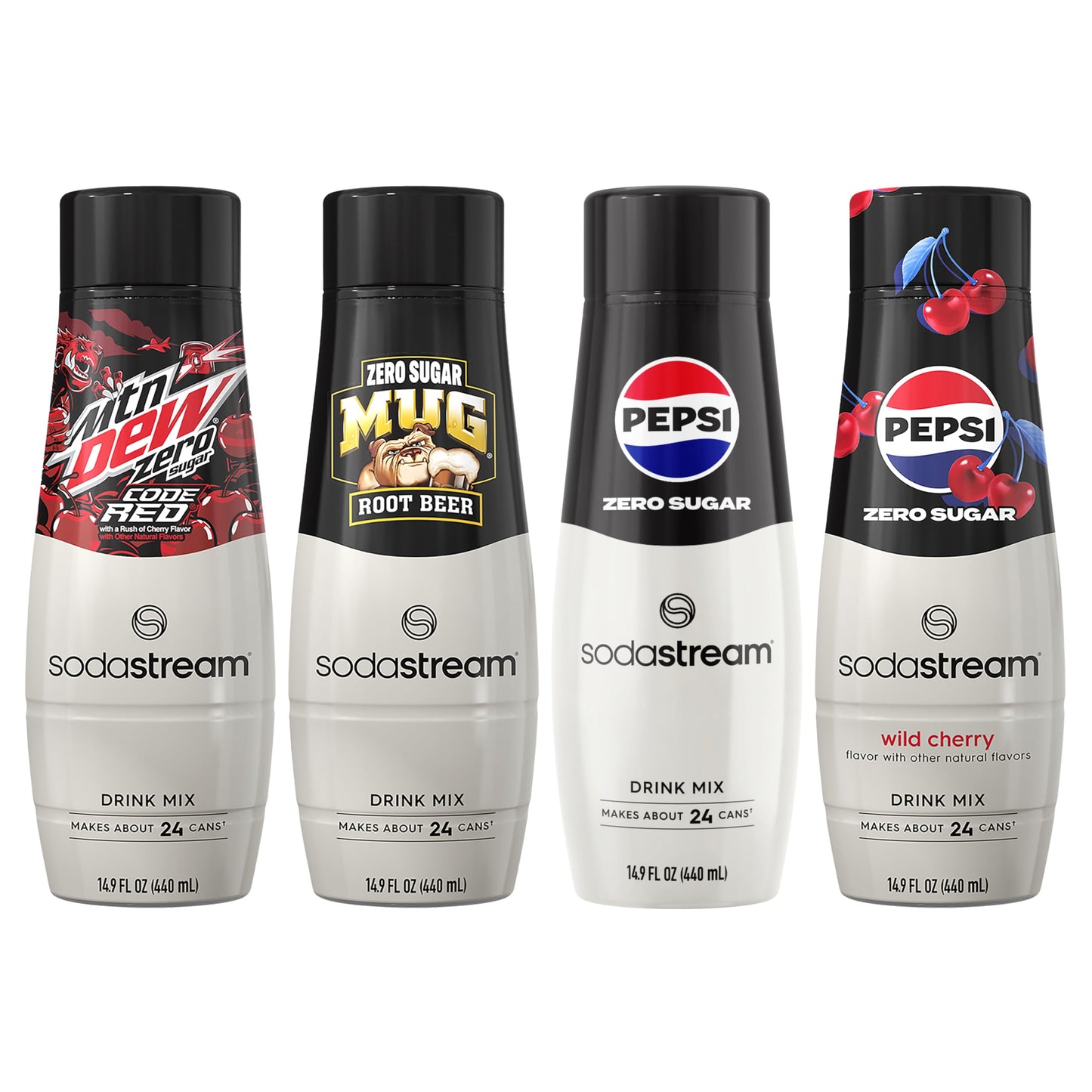 SodaStream Pepsi Wild Cherry  MTN Dew Code Red  Pepsi & Mug Root Variety Pack  Zero Sugar  440ml Pack of 4