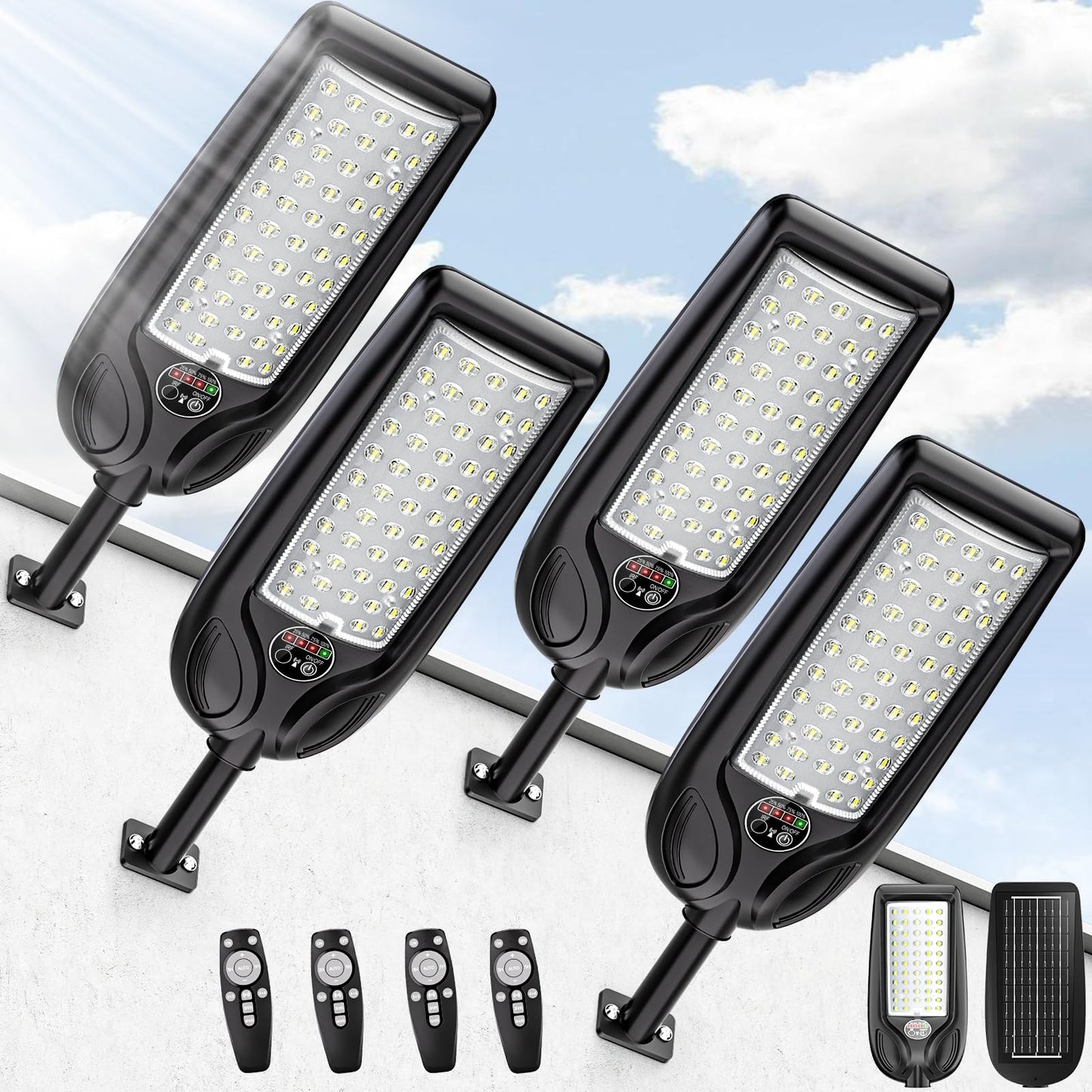 LAMPTEC Solar Street Lights, 30000LM Waterproof LED Flood Light, Motion Sensor, Remote Control, 4 Pack, Black, Model SL601-50