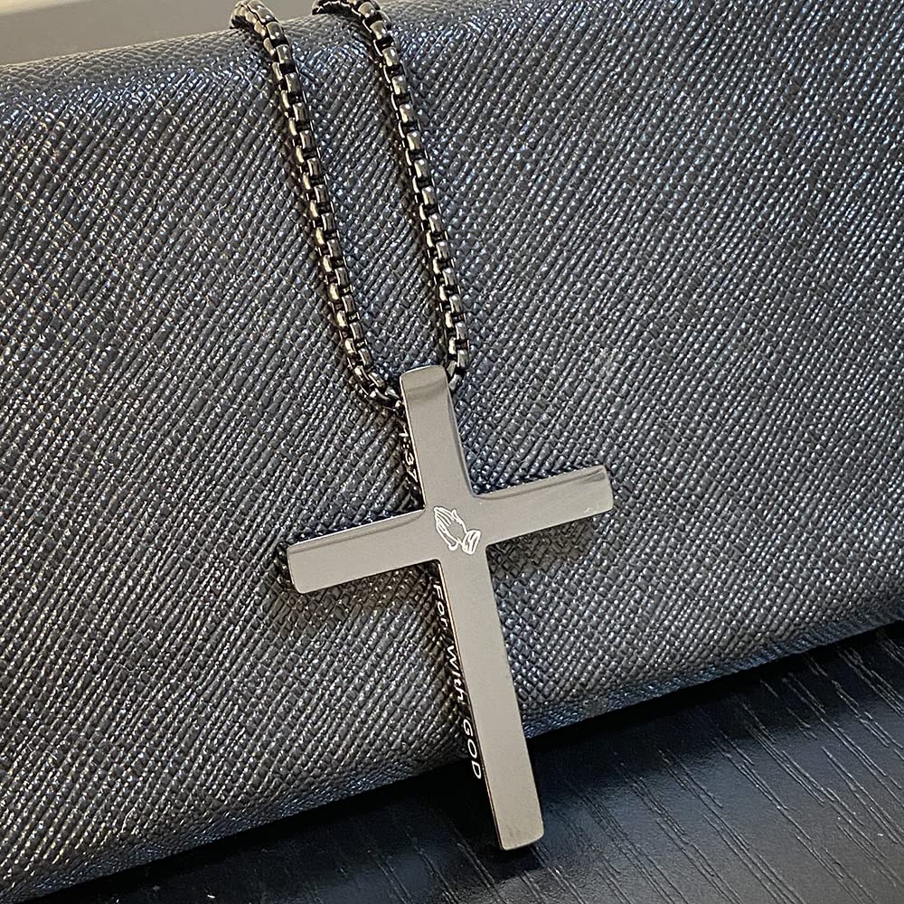 KouGeMou Black Cross Necklace Crucifix Bible Verse Jesus Cross Stainless Steel Catholic Pendant Jewelry with 23' Chain