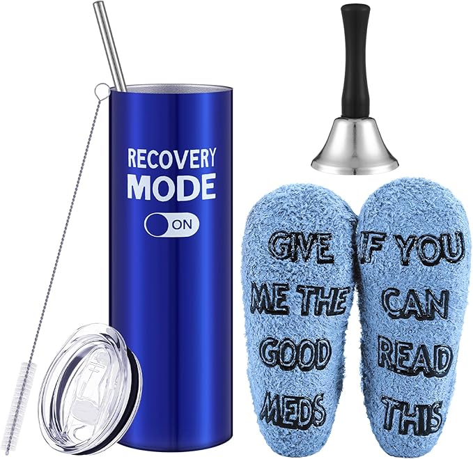Teenyyou 3 PCS Funny Get Well Soon Gifts 20oz Hospital Mug fuzzy Funny Recovery Socks Silver Steel Tea Hand Bell