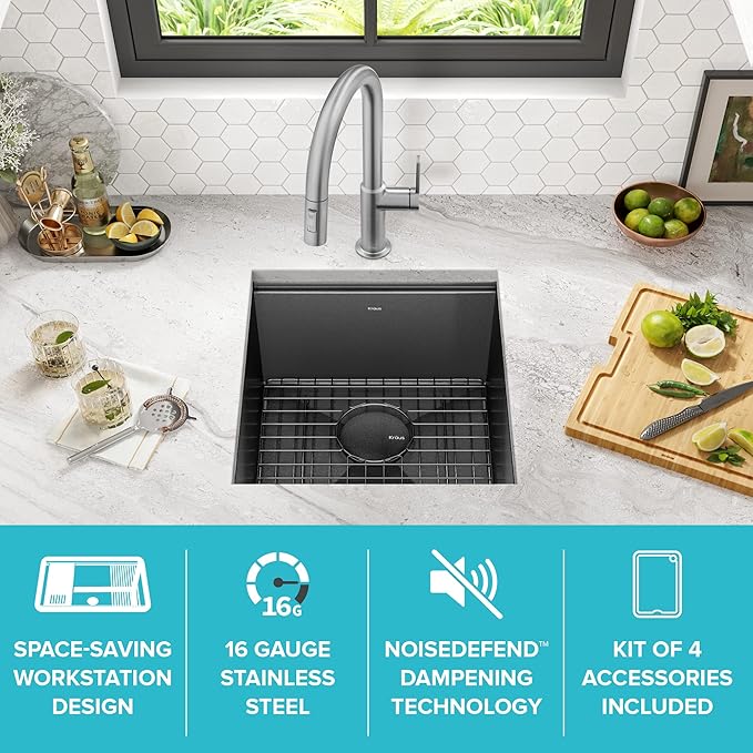KRAUS Kore 17 Inch Undermount Workstation 16 Gauge Stainless Steel Single Bowl Kitchen Bar Sink n PVD Gunmetal Finish with Accessories, KWU1101-17-PGM