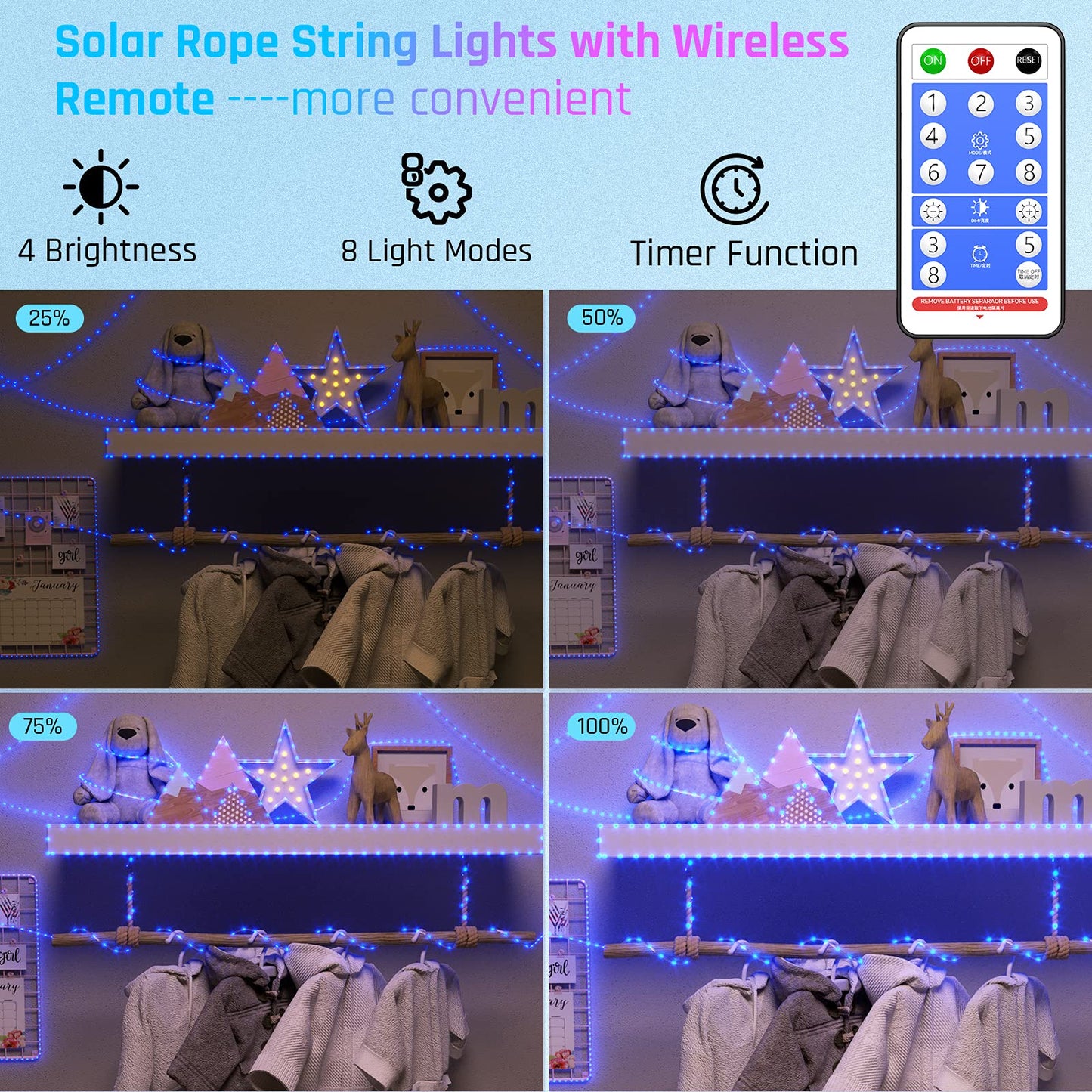 Kerkoor Solar Rope Lights - 200 Led Waterproof 72Ft String Lights, 8 Modes, Remote Control, Blue, For Garden, Patio, Pool, Party