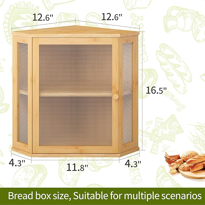 BMOSU Corner Bread Box for Kitchen Countertop Double Layer Bamboo Wooden Bread box Large Capacity Bread Storage Bin(Natural, Extra Large)