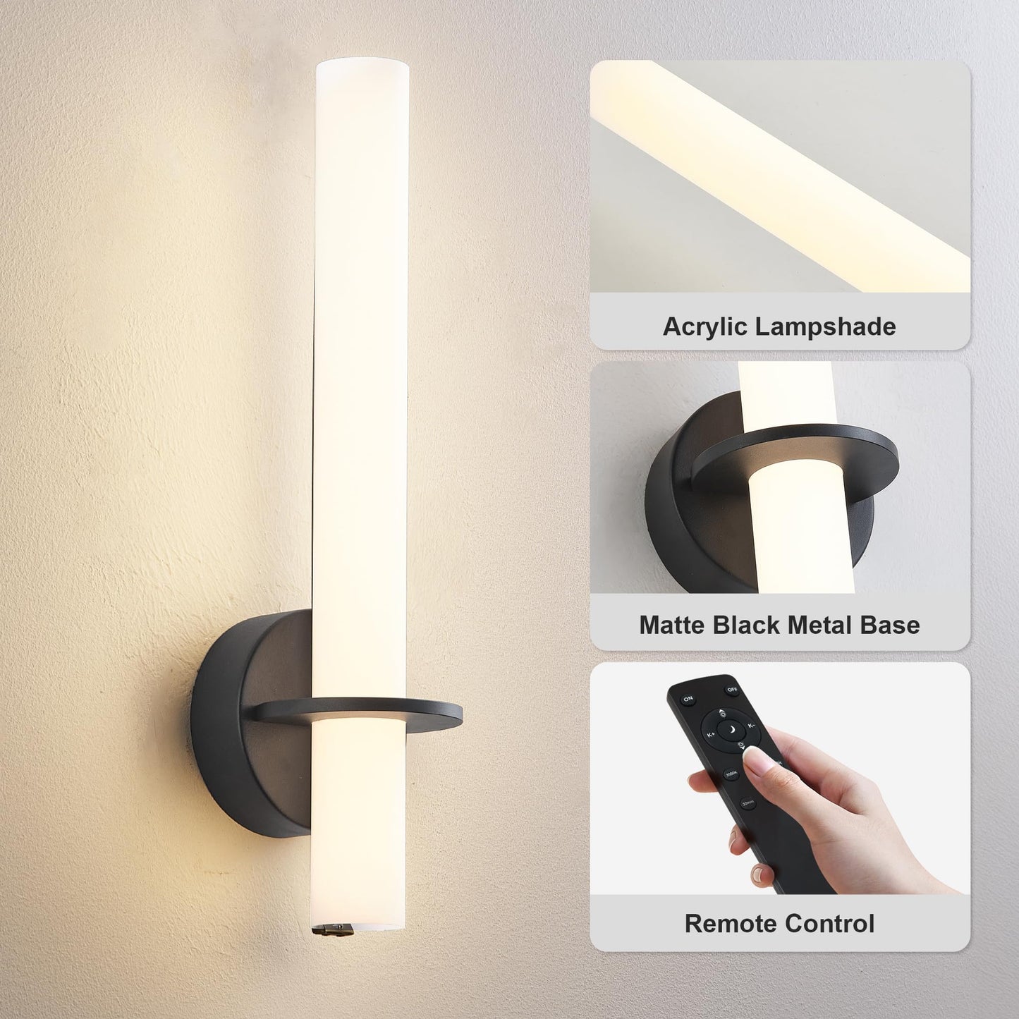 KARTOOSH Black Battery Operated Wall Sconce Set of 2, Dimmable 3000K-6000K, 18 Inch, Metal, Rechargeable, Remote Control