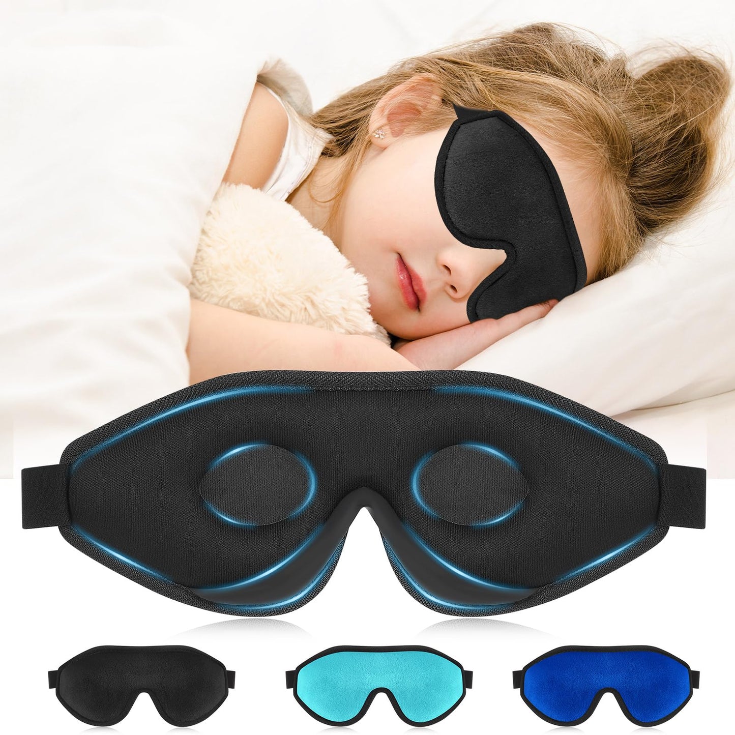 Coume Sleep Mask for Kids 3D Sleeping Blindfold Memory Foam Contoured Eye Mask with Blocking Light with Adjustable Strap(Black)