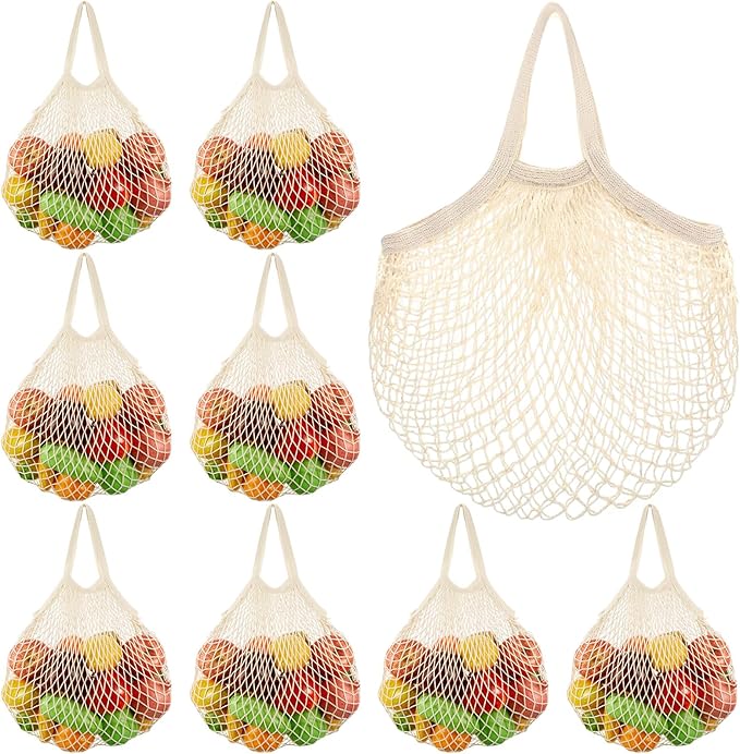 SATINIOR Large Cotton Mesh Grocery Bags 16x16x12 Inch Reusable Washable Cotton String Shopping Bags Beige Produce Containers