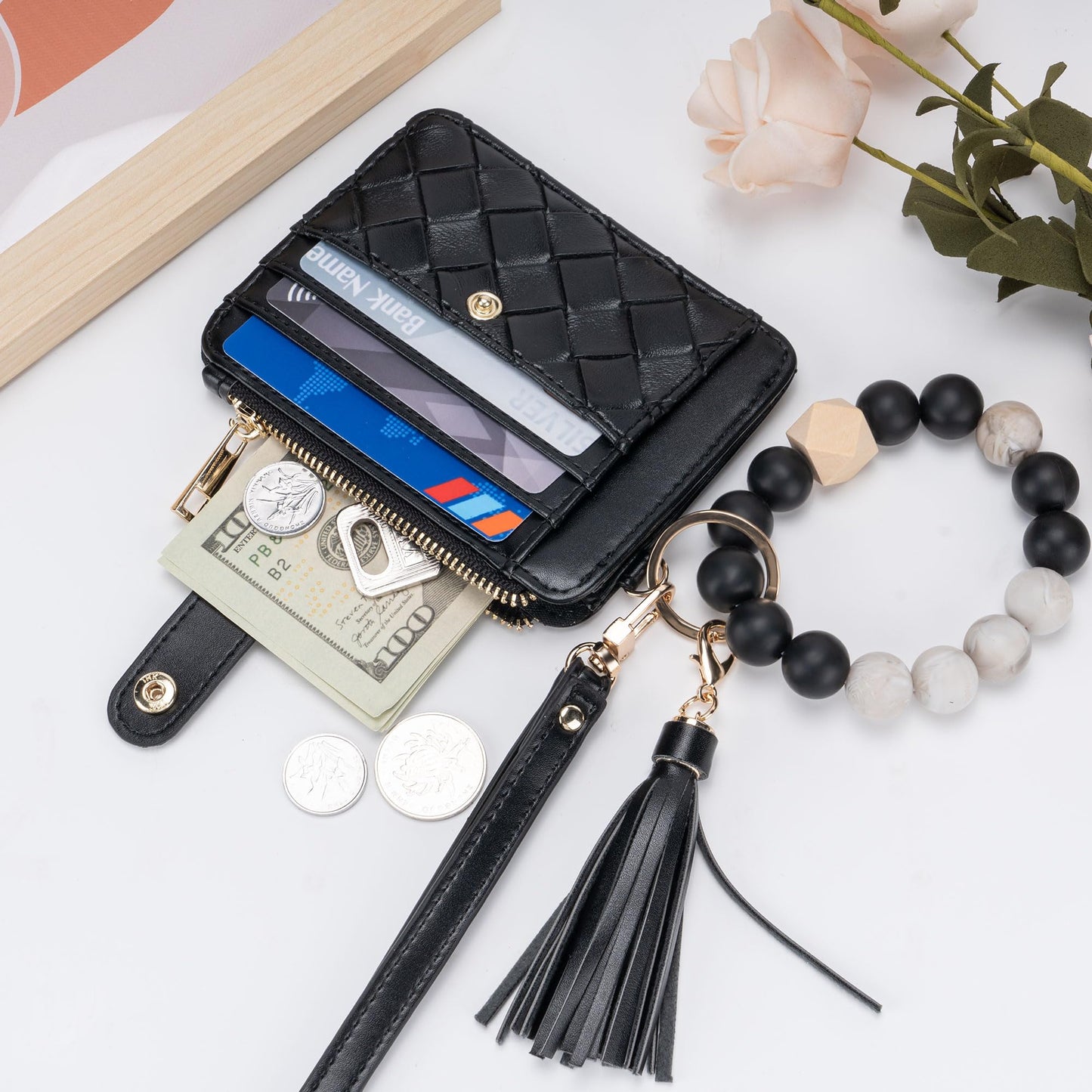 Airkit Keychain Wallet with Bracelet RFID Blocking Wristlet Credit Purse Card Holder, Silicone Bead Tassel Key Ring for Women