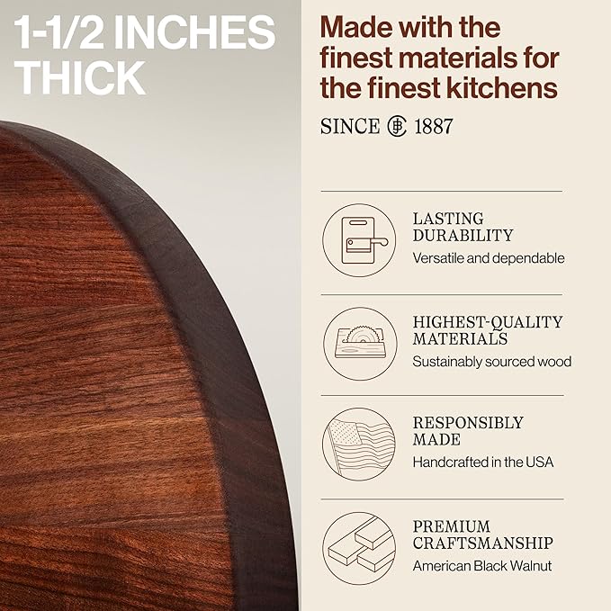 John Boos R-Board Series Round Wooden Walnut Cutting Board 18”x18” – 1.5” Thick, 9.5-lb Reversible Butcher Block with Edge-Grain – Made in the USA