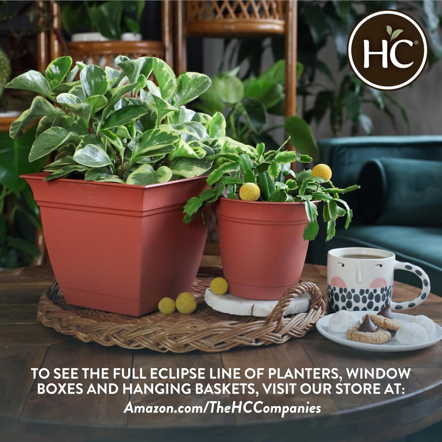 The HC Companies Eclipse Round Planter with Saucer - Outdoor & Indoor Plant Pot with Drainage Holes - Lightweight, UV-Resistant Plastic Pots for Plants, Flowers & Herbs (8" Teal, Pack of 6)