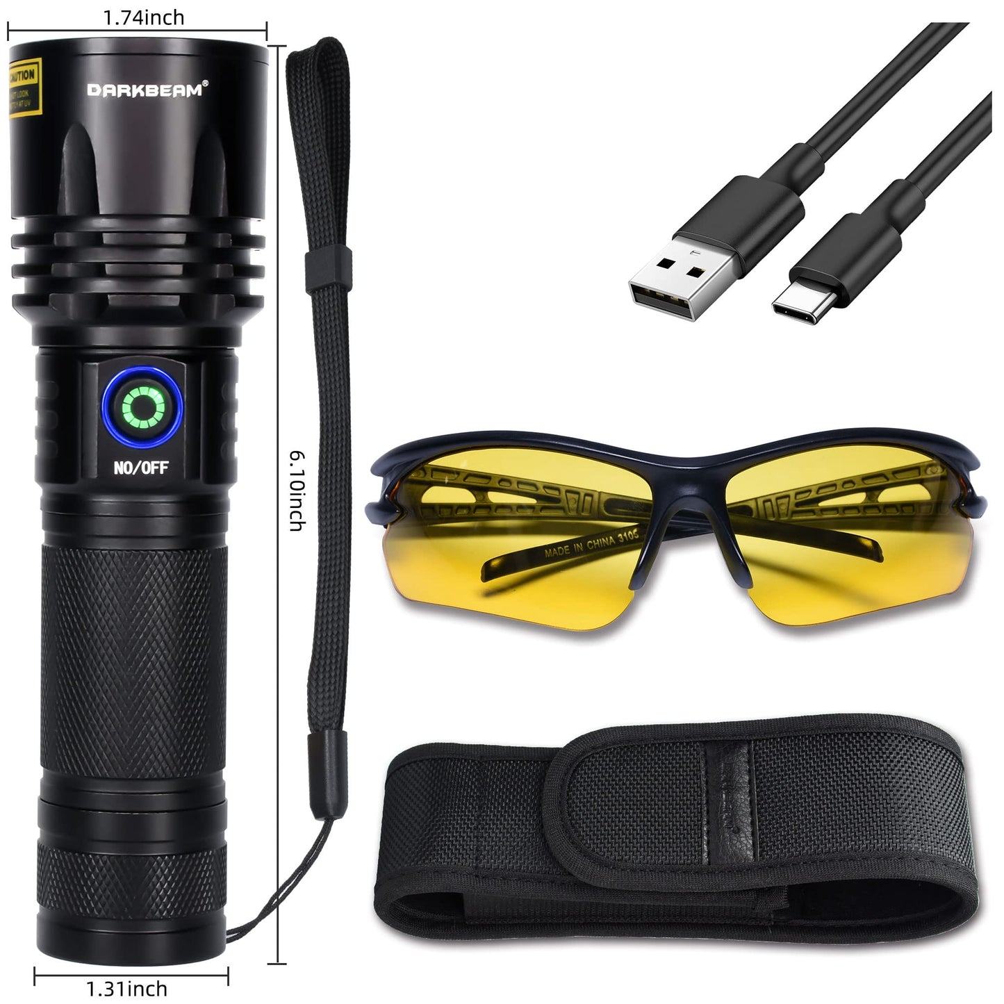 Darkbeam Uv Flashlight - 20W Led Black Light, 365Nm Usb-C Rechargeable, Aluminum, Model B14, Ideal For Pet Urine Detection & Resin Curing
