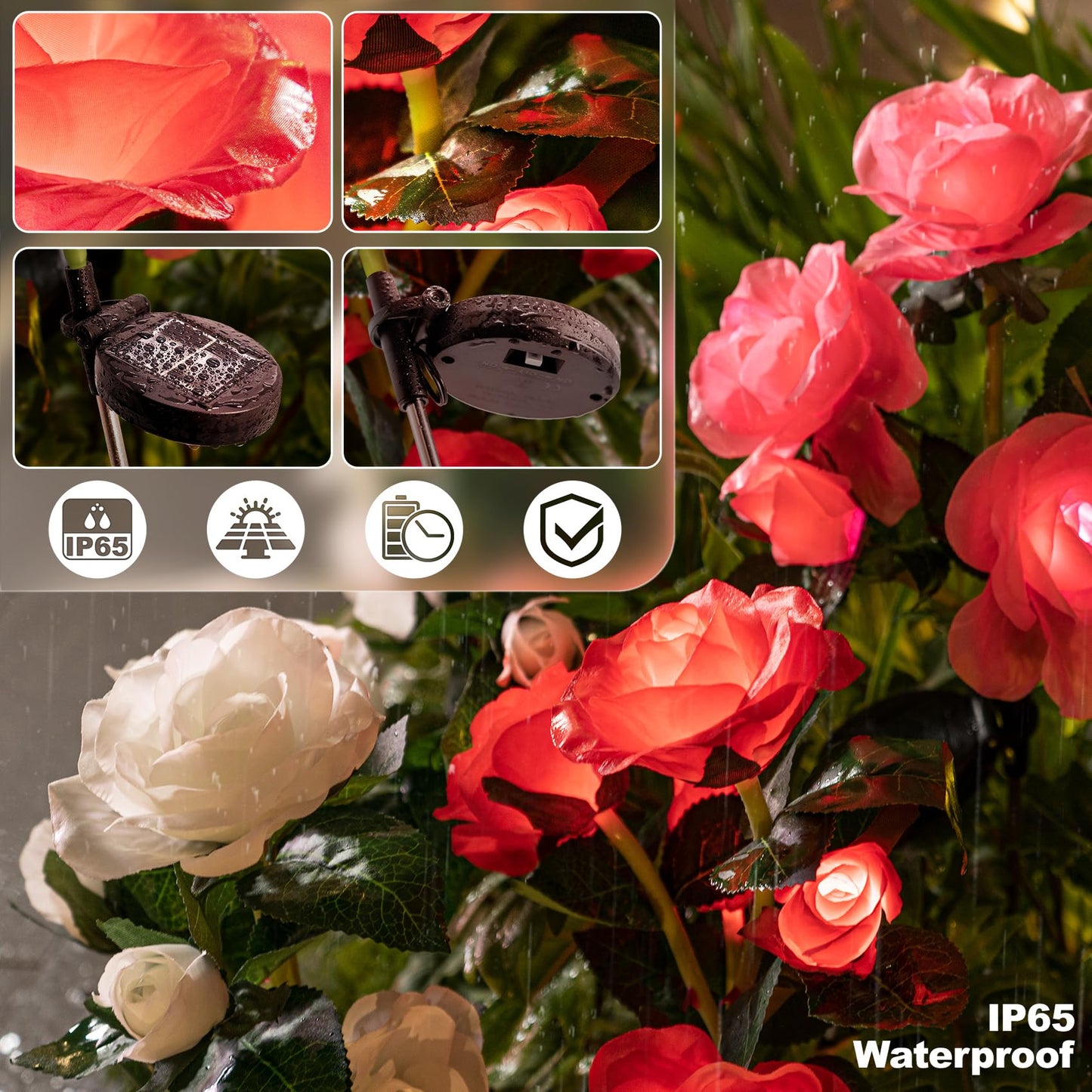 Anordsem Solar Garden Lights - 2 Pack Waterproof Red Fabric Roses - LED Landscape Lighting for Yard and Cemetery