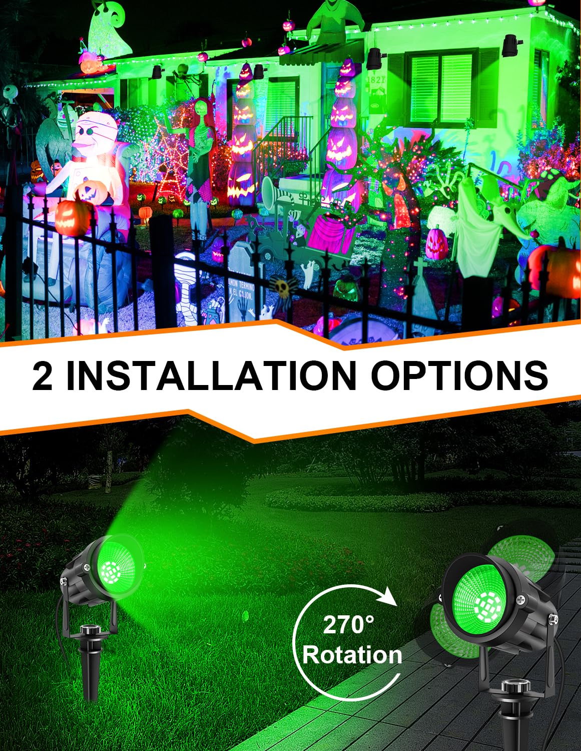 CREPOW Christmas Green LED Spot Lights Outdoor, 14 LED Landscape Lighting with US Plug, IP65 Waterproof Spotlights for Tree Yard Garden Pathway Halloween St. Patrick's Day Flag Decor 2 Pack