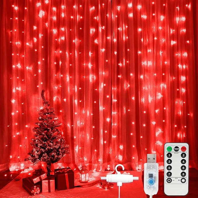 SUNNEST LED Curtain Lights Christmas, 300 LEDs 9.8FT x 9.8FT USB Curtain String Light with 8 Lighting Modes Wall Lights wi...