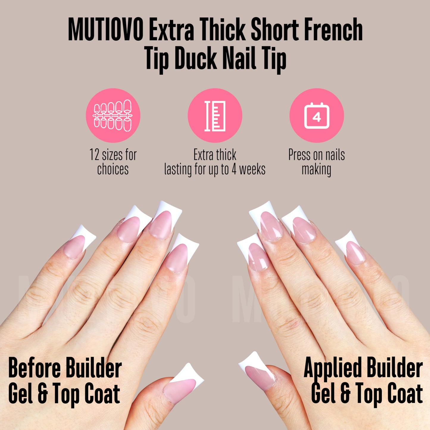 MUTIOVO White French Tip Short Duck Nail Tips Press on, BERRY PINK Extra Thick Pre-designed Soft Gel Nail Extension, Need Builde