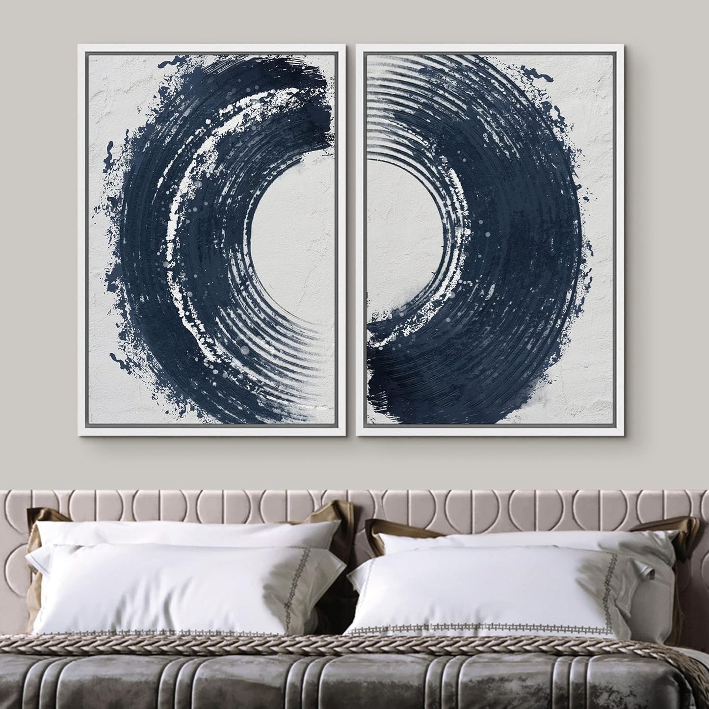 SIGNWIN Framed Canvas Print Wall Art Set Black Gray Pastel Paint Stroke Spiral Ring Abstract Shapes Illustrations Modern Minimal Decorative for Living Room, Bedroom, Office - 16"x24"x2 White