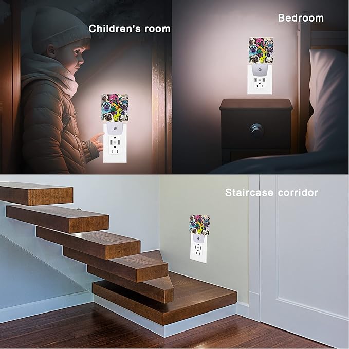 Dog Night Light,Colorful Pugs Dogs Night Lights Plug into Wall with Dusk to Dawn Light Sensors 0.5W Dim Lamp for Bedroom