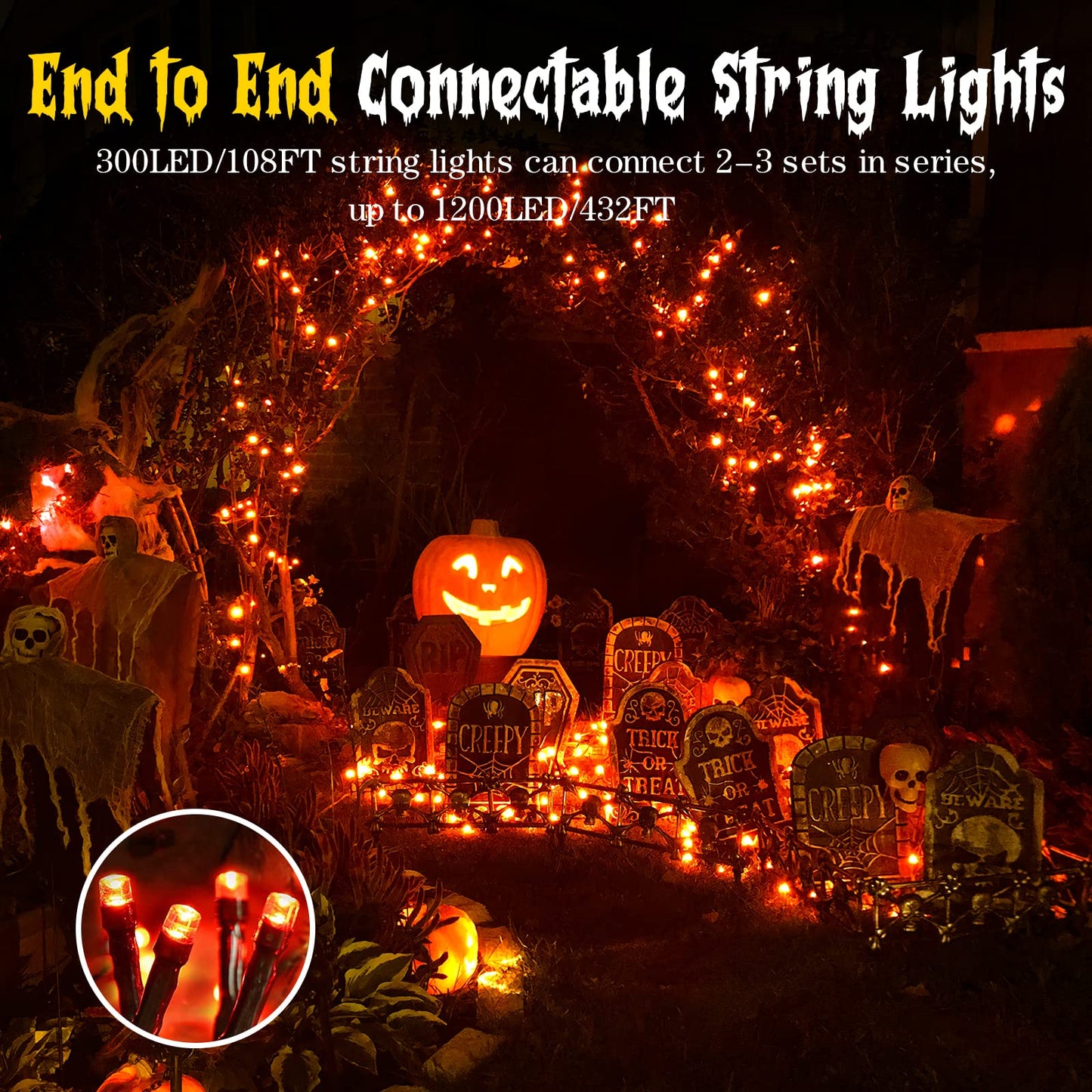 Techip Halloween Lights Orange String Lights Outdoor Indoor Waterproof 300Led Incandescent Mini String Lights 108Ft Halloween Decorations For Tree Garden Party Carnival Thanksgiving Christmas Decor