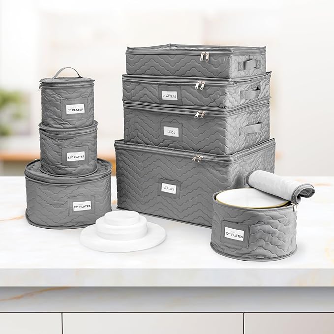 Sorbus China Storage Containers (Quilted) - Glass & Dish Storage Containers for Transport, Moving, Party - 8 Pc Stackable Plate Storage Set for Dinnerware, Mugs, Cups - Felt Plate Protectors Included