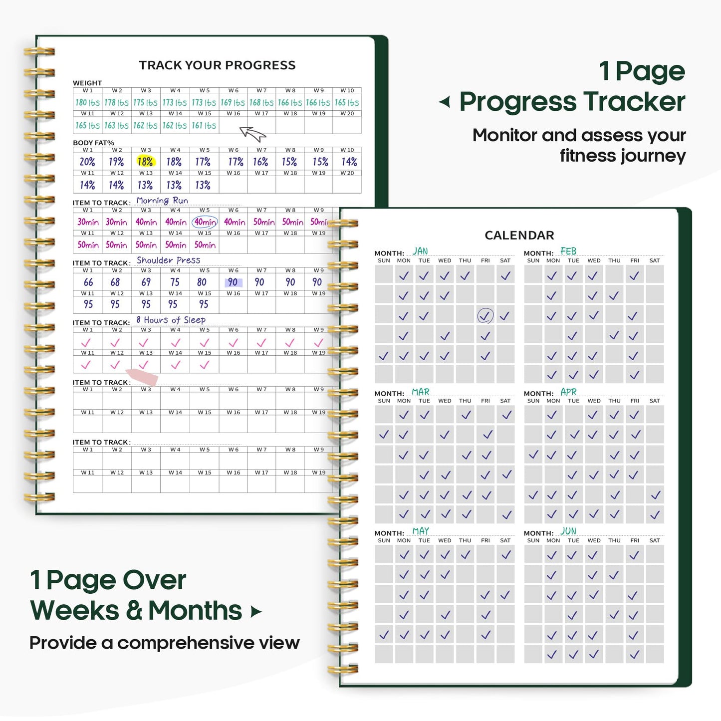 Fitness Workout Journal for Women & Men, A5(5.5" x 8.2") Workout Log Book Planner for Tracking, Progress, and Achieving Your Wellness Goals-Dark Green