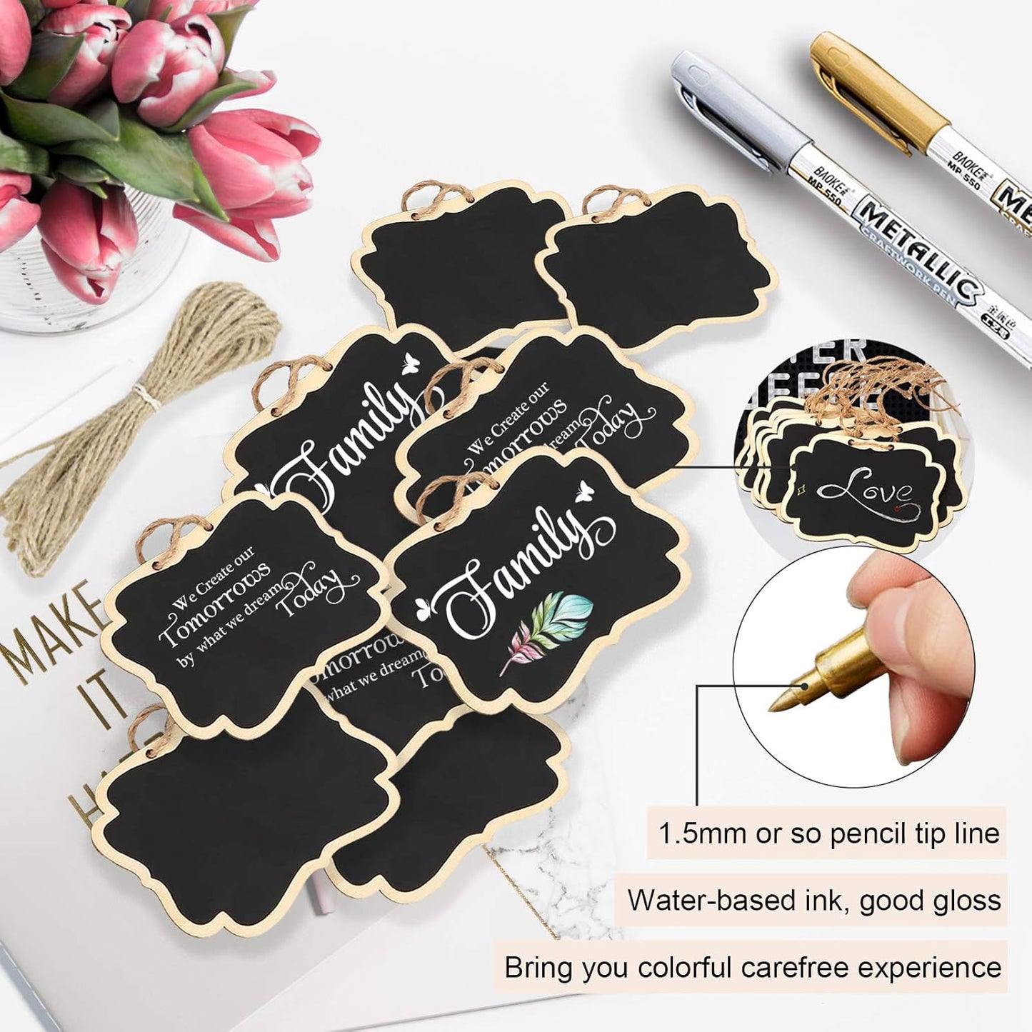 24 Pack Chalkboard Tags with String, 2.36x3.35 Inch Mini Wood Chalkboards Signs with Gold and Silver Markers, Hanging Chalkboard Labels Massage Board Signs, Price Tags
