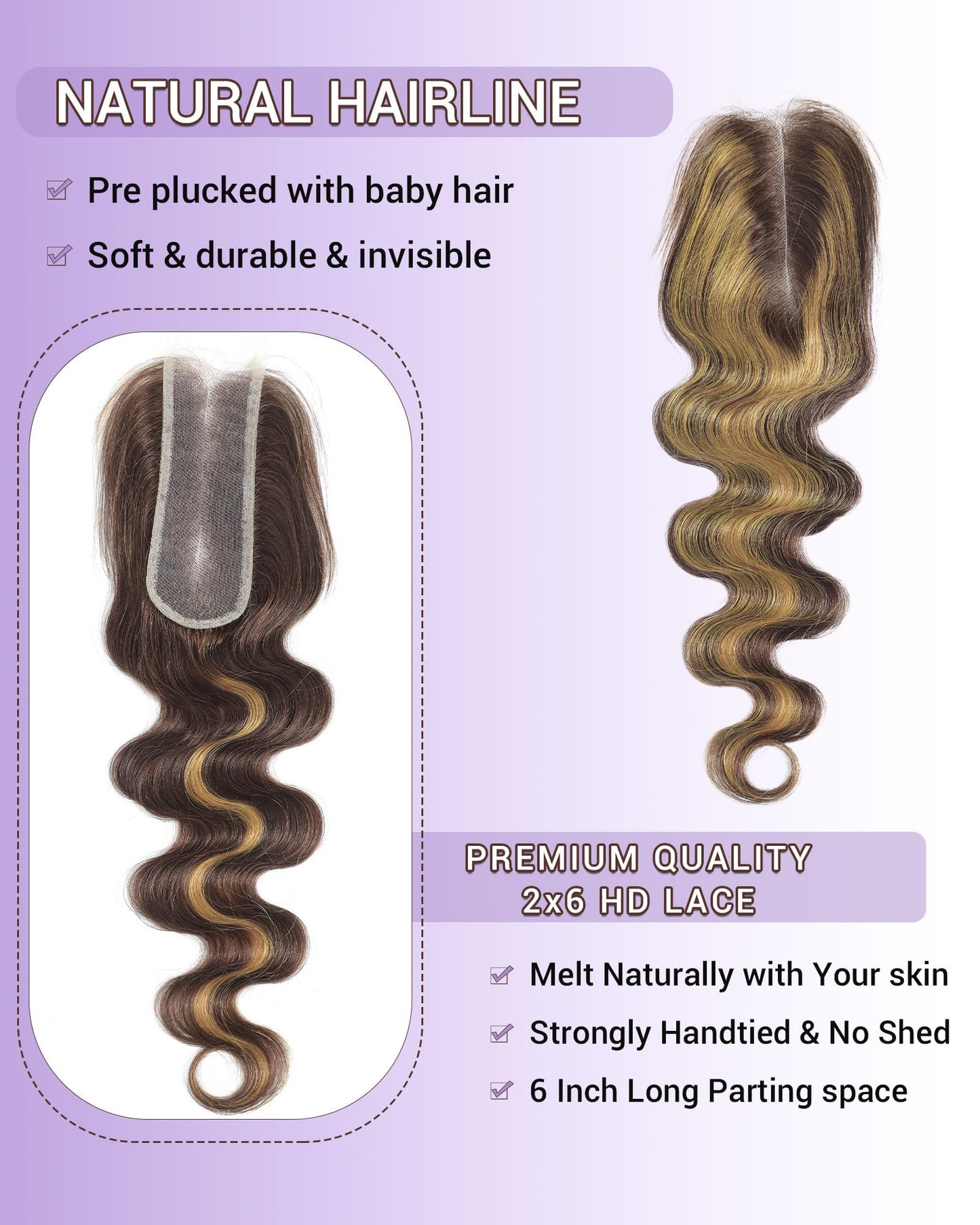 DSEKCAIN Highlight Yellow Golden Blonde On Chocolate Brown Color 2x6 HD Lace Closure Human Hair Body Wave Long Middle Part Trans