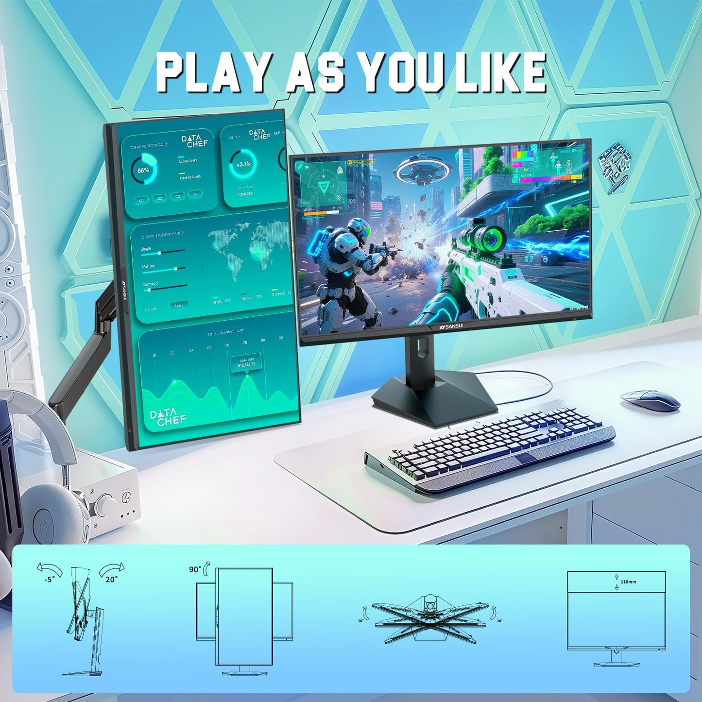 SANSUI 27 inch WQHD 200Hz 180Hz Gaming Monitor 2560×1440P-AMD FreeSync 1ms DCI-P3 95% Fast IPS Computer Monitor,Height Adjustable Vertical/Horizontal Rotating, 2×DisplayPort/HDMI 丨HDR丨Low Motion Blur