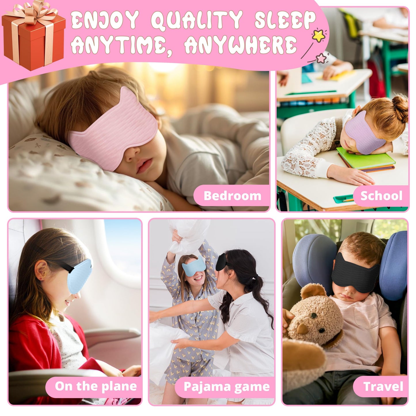 Kids Sleep Mask Eye Mask: 3D Contoured Cup Sleeping Masks, Blindfold with Adjustable Strap, Kids Eye Cover for Boys, Girls, Teens, Pressure-Free with Memory Foam Face Mask for Sleeping (Rose Red)