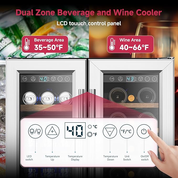 24" Wine and Beverage Refrigerator, Dual Zone Wine Cooler with Glass Door, Hold 88 Cans and 21 Bottles, Built in or Freestanding Under Counter Wine Fridge with Blue LED Light.