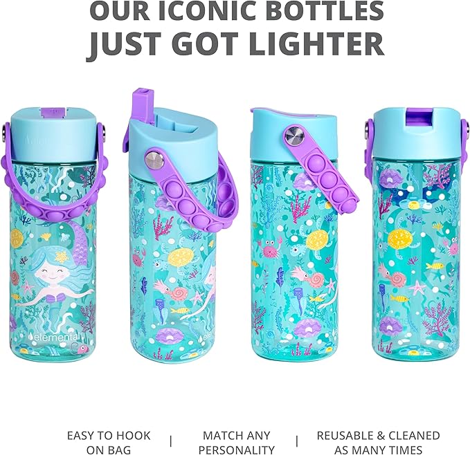Elemental Leak Proof Water Bottles for Kids - Splash Kids Water Bottle for School with Fun Fidget Pop-it Handle - Tritan Plastic Water Bottle with Straw - Mermaid & Pink Unicorn - 18oz (2 Pack)