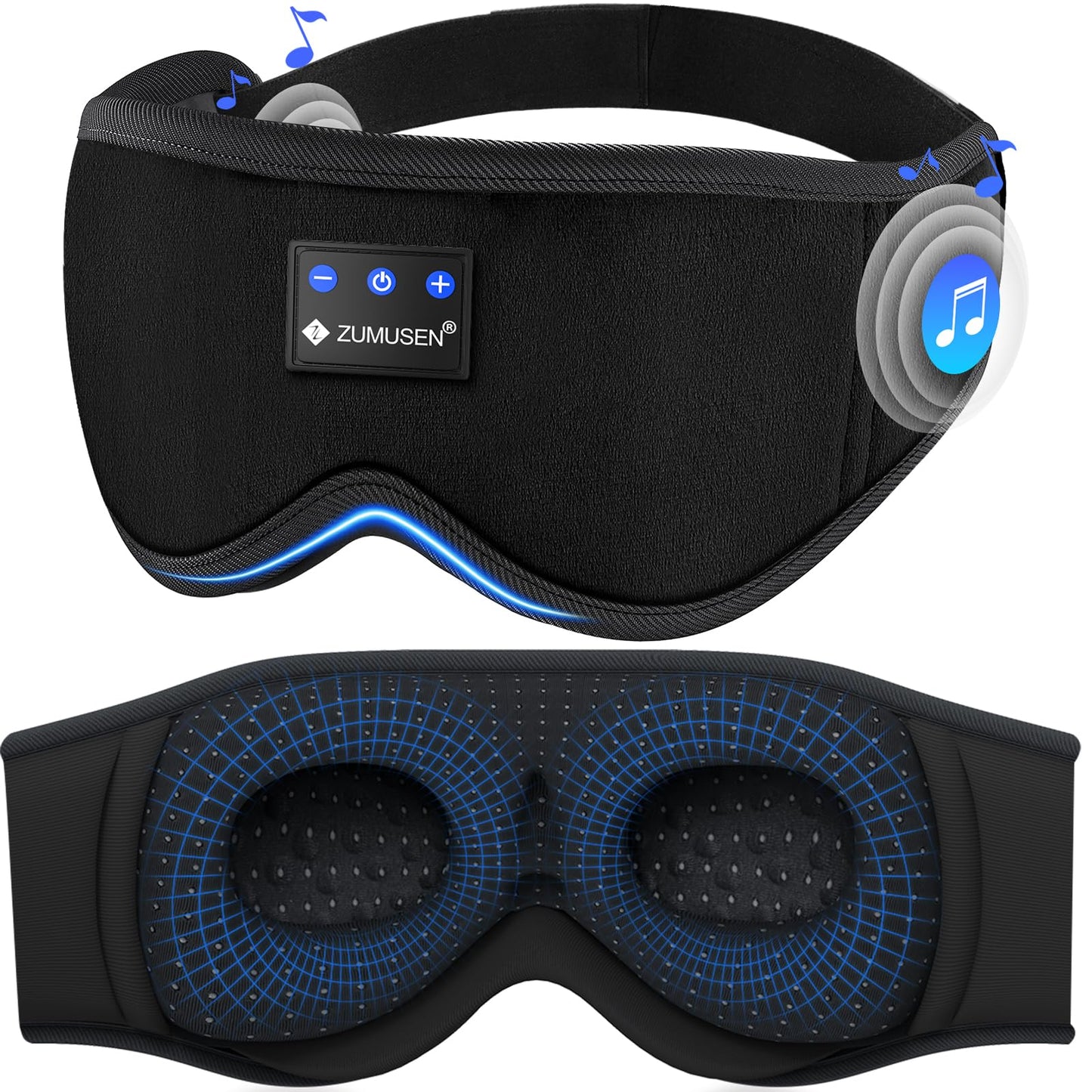 ZUMUSEN Bluetooth Sleep Headphones, 3D Wireless Music Eye Mask with Ultra-Thin Stereo Speakers, Adjustable Sleep Mask for Side Sleepers, Perfect for Travel, Meditation, Relaxation