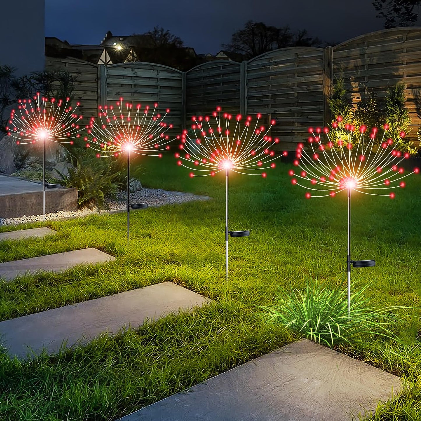 Yotozu 4 Pcs Solar Firework Light  Outdoor Solar Garden Decorative Lights 120 Led Powered 40 Copper Wires String Diy Landscape Light For Walkway Pathway Backyard Decoration Parties Perfect Gifts(Red)
