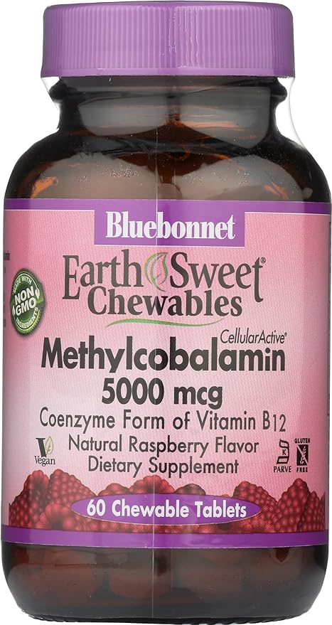Bluebonnet Nutrition EarthSweet Chewables Cellular Active Methylcobalamin 5000mcg, Soy-Free, Gluten-Free, Non-GMO, Kosher, Dairy-Free, Vegan, 60 Chewable Tablets, 60 Servings, Raspberry Flavor