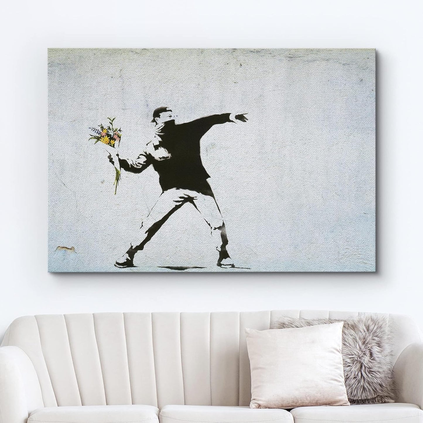 wall26 Canvas Print Wall Art Banksy Man Throws Yellow Flower Bouquet Graffiti & Street Art Pop Culture Illustrations Pop Art Bohemian Dark for Living Room, Bedroom, Office - 12"x18"