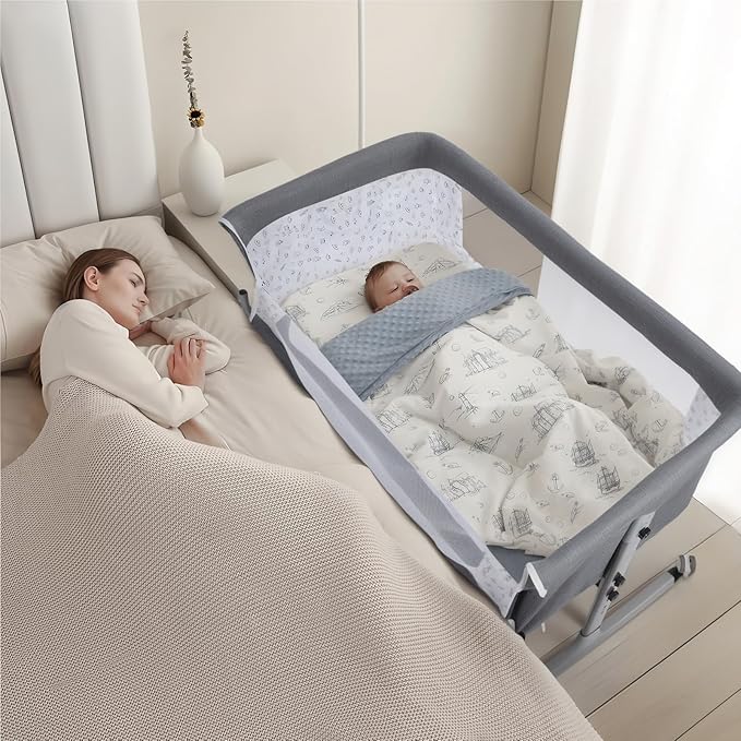 3 in 1 Baby Bassinet | Bedside Sleeper with Storage Basket and Wheels | Bedside Crib for Baby | Height Adjustable Bedside Bassinet Movable Beside Bassinet with Mosquito Net (Grey)