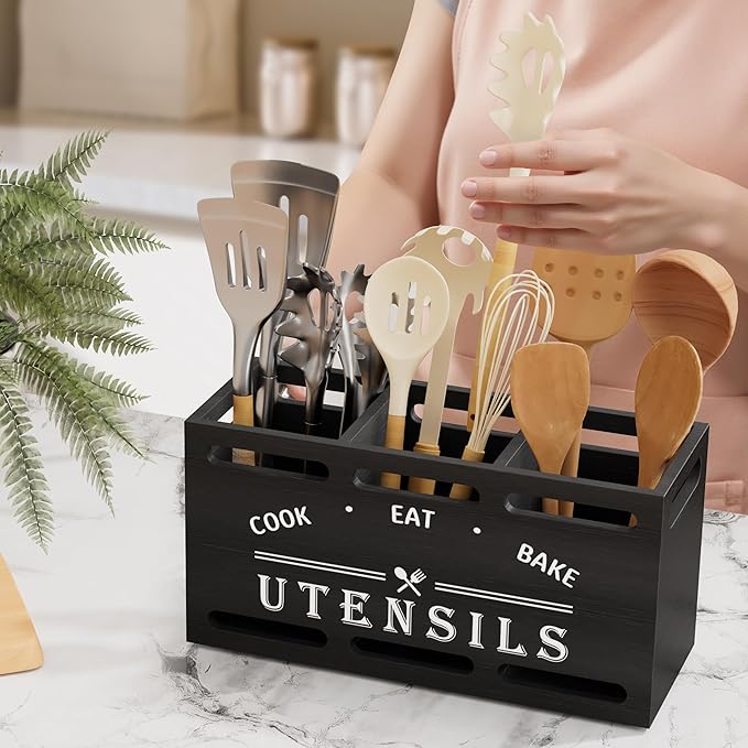 ZUJJAFY Utensil Holder for Kitchen Counter, Large Kitchen Utensil Holder for Countertop with 3 Compartments, Wooden Cooking Utensil Organizer for Spatula Storage, Black
