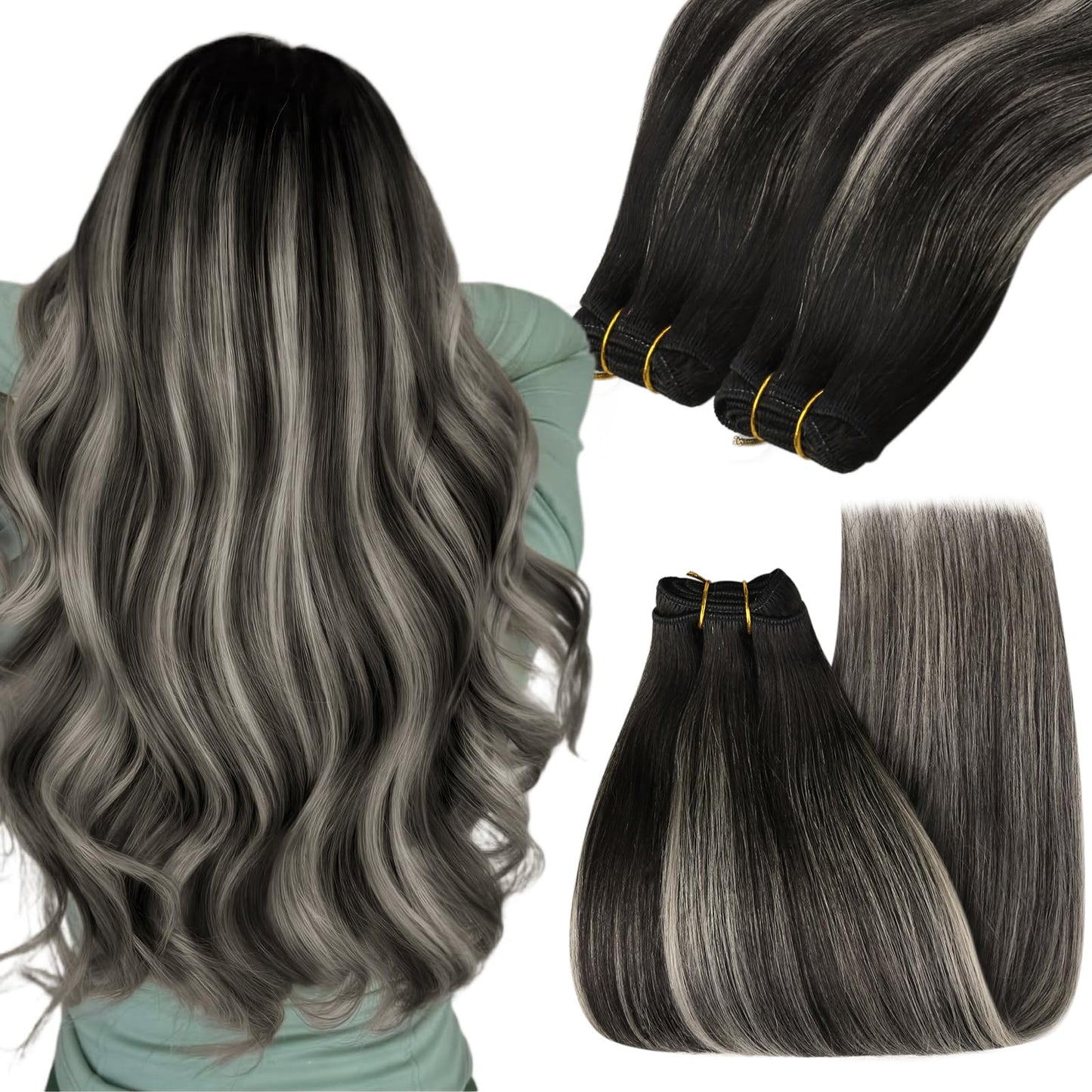 YoungSee Weft Human Hair Extensions Ombre Black Human Hair Weft Extensions Blend of Black and Silver with Black Roots Black Sew