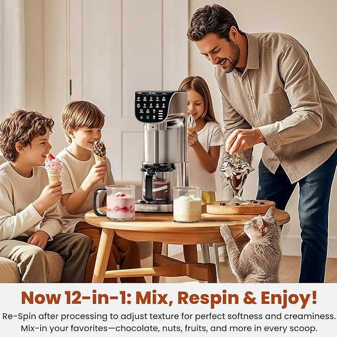 Ice Cream Maker Machine 12-in-1, Full Automatic Stainless Steel Homemade Ice Cream Maker for Sorbet, Milkshake, Frozen Yogurt & More, Easy to Clean Ice Cream Machine, (3) Family-Sized Tritan Tubs