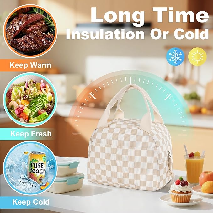 Lunch Bag for Women Checkered Insulated Lunch Box Reusable Cooler Bag Portable Cute Corduroy Leakproof Tote Bags for Travel, Work, and Picnic