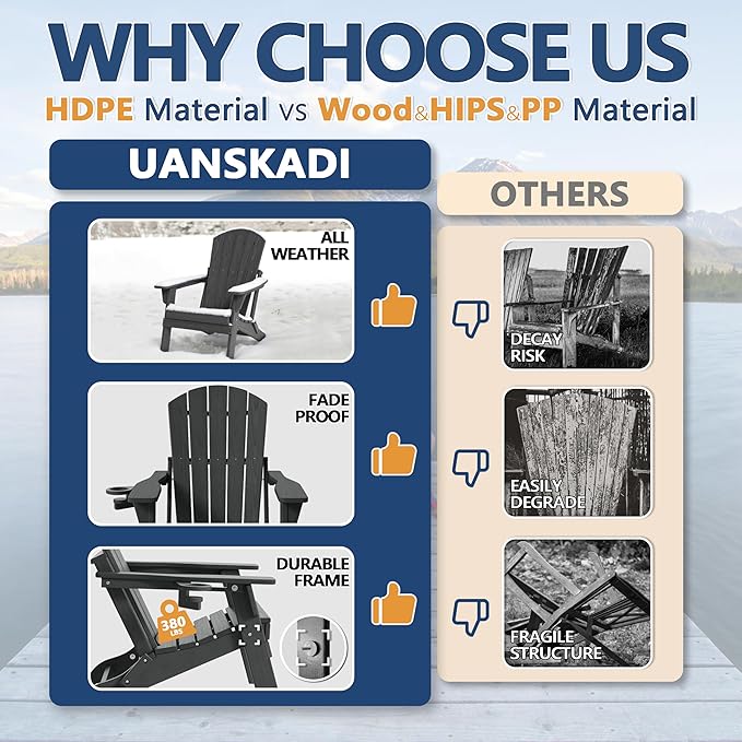 Folding Adirondack Chair Set of 2 with Cup Holder, HDPE All Weather Resistant Plastic Outdoor Patio Chairs, Heavy Duty Fire Pit Seating for Backyard Lawn Garden, Wooden Textured Design(Gray)