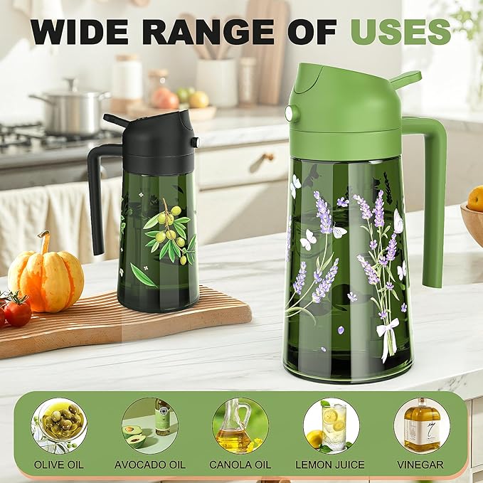 COOLMI Oil Sprayer for Cooking, 2 in 1 Olive Oil Dispenser Bottle Set for Kitchen, Food-Grade Glass Green Oil Vinegar Bottle Container - 16OZ/470ML Set of 2 (Black + Green)