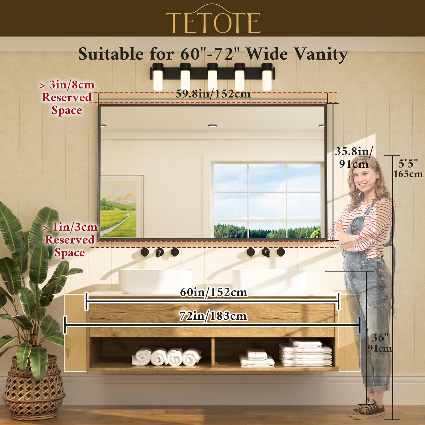 TETOTE Brushed Nickel Vanity Mirror for Bathroom 60" x 36" Beveled Frame Rectangle Bathroom Mirror for Over Sink Brushed Nickel, Tempered Glass, Stronger Frame, Modern Farmhouse Bedroom, Entryway