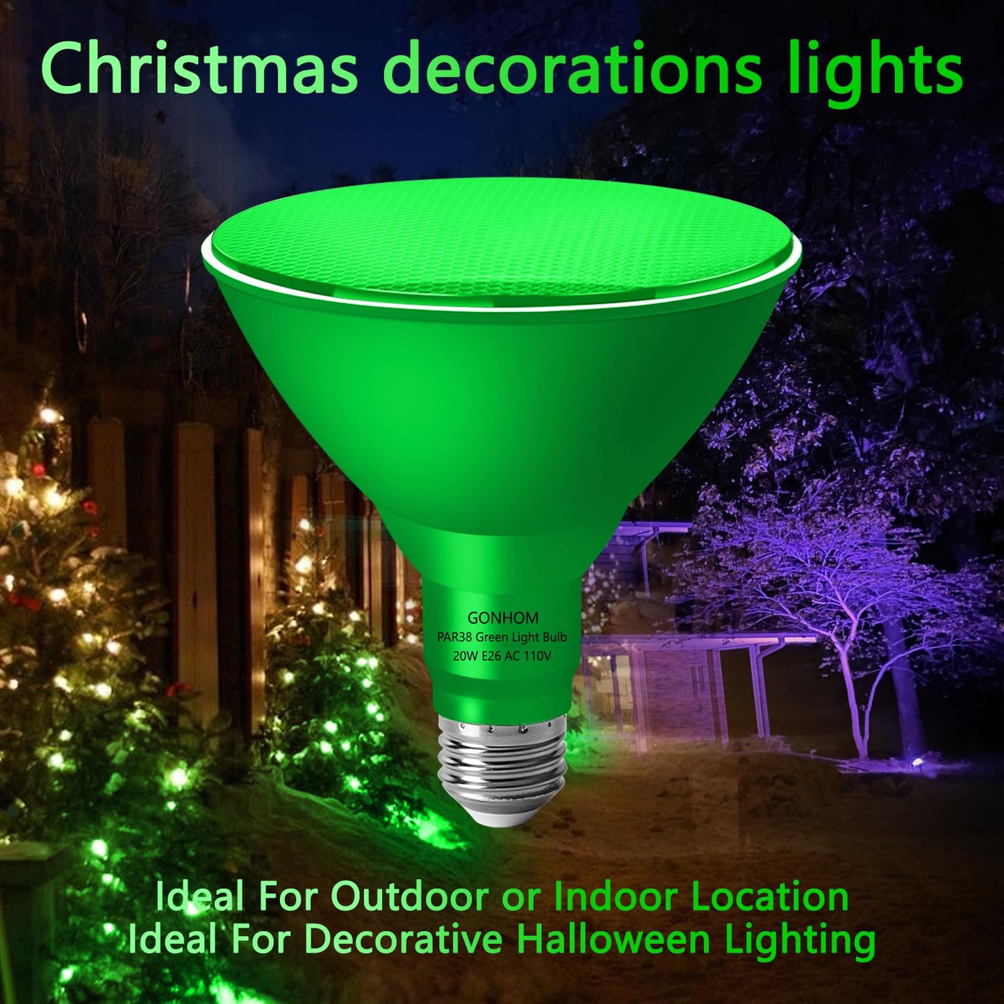 Gonhom Par38 Green Flood Light Bulbs, 20W Dimmable, 4 Pack, E26 Base, Outdoor Christmas Lighting