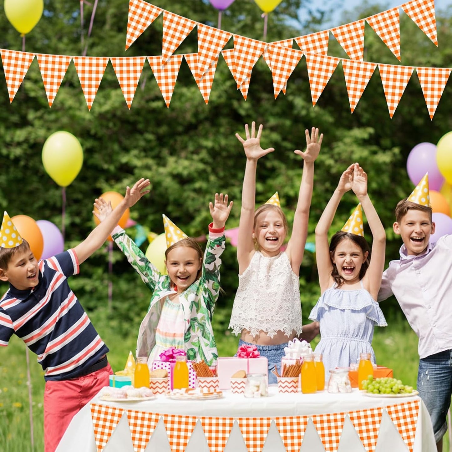 Pasimy 49.21 ft 60 Pieces Orange Gingham Pennant Banner - Fall Thanksgiving Checkered Garland Decor, Gingham String Triangle Flags for Birthday Baby Shower Little Cutie Party Decorations Supplies